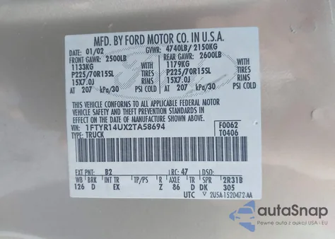 2002 Ford Ranger Edge/Tremor/Xl/Xlt from USA, damaged, VIN 1FTYR14UX2TA58694